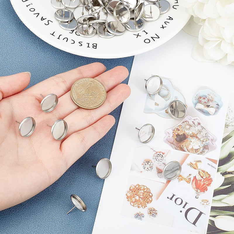 PH PandaHall 200pcs 14mm Stainless Steel Stud Earring Flat Round Bezel Earring Earring Blank Trays Cabochon Earring Setting for Earring Making DIY - Image 2